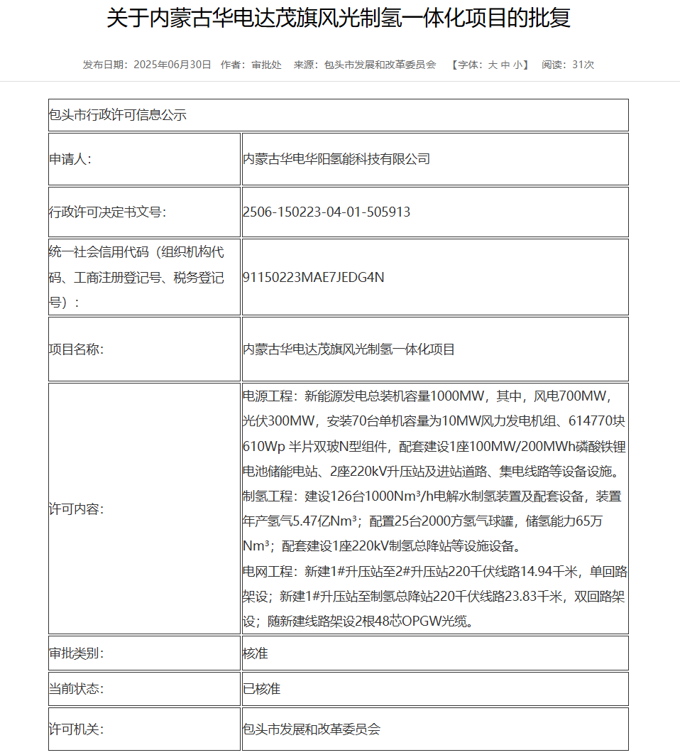 70臺10MW！華電風(fēng)光制氫一體化項目獲批復(fù)